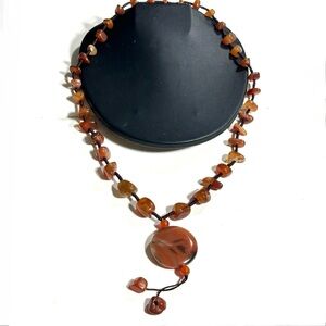 Carnelian Agate Nugget Beaded Earthy Necklace Large Round Center Pendant 80s 90s